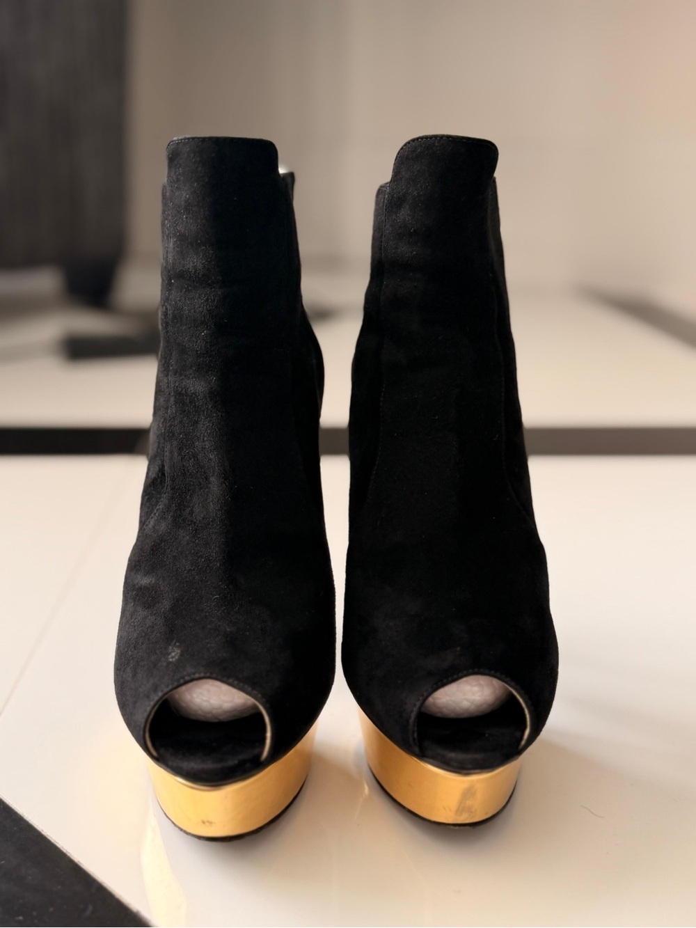 Prada Black Suede Peep-Toe Booties with Gold Platform